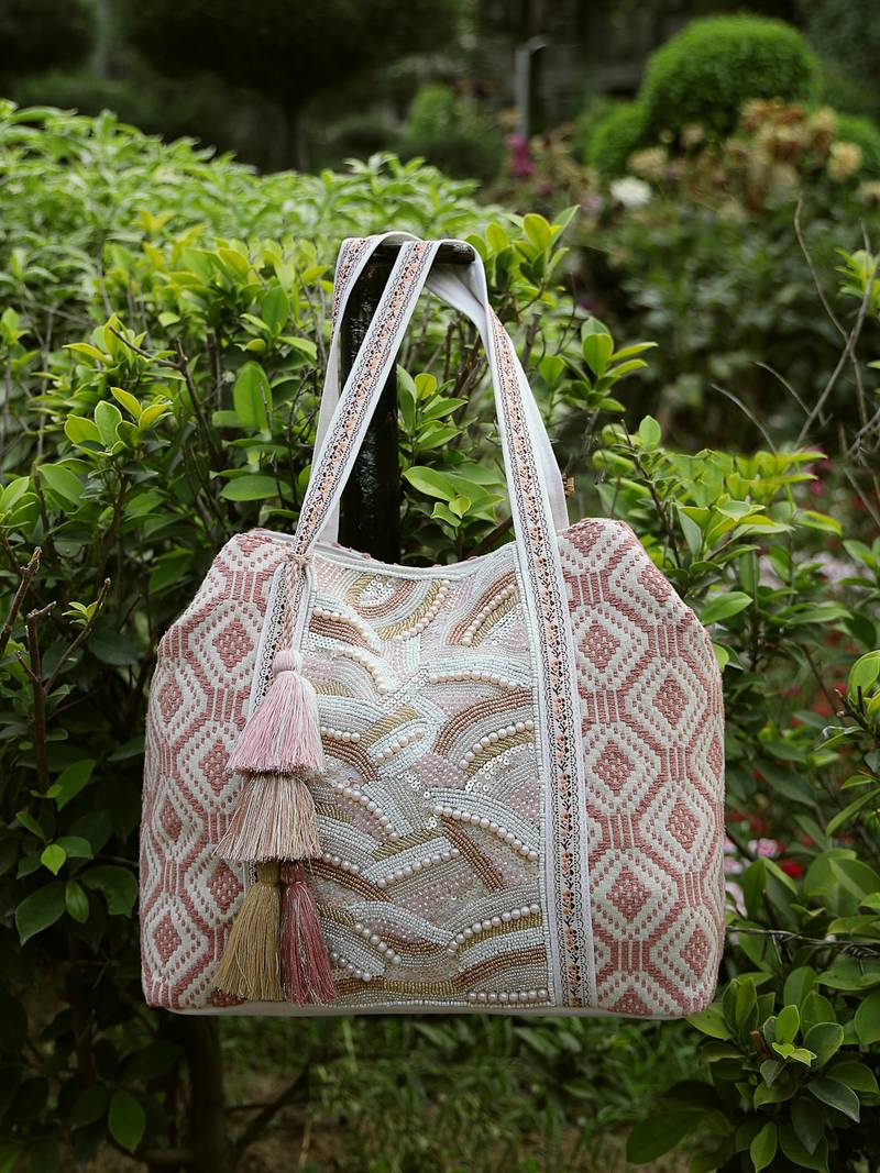  folklore edit blush pink & gold abstract beaded jacquard hobo bag