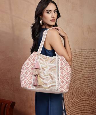  folklore edit blush pink & gold abstract beaded jacquard hobo bag 2