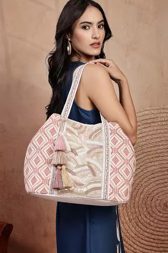   folklore edit blush pink & gold abstract beaded jacquard hobo bag