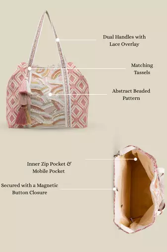  folklore edit blush pink & gold abstract beaded jacquard hobo bag