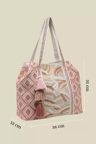   folklore edit blush pink & gold abstract beaded jacquard hobo bag