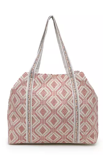   folklore edit blush pink & gold abstract beaded jacquard hobo bag