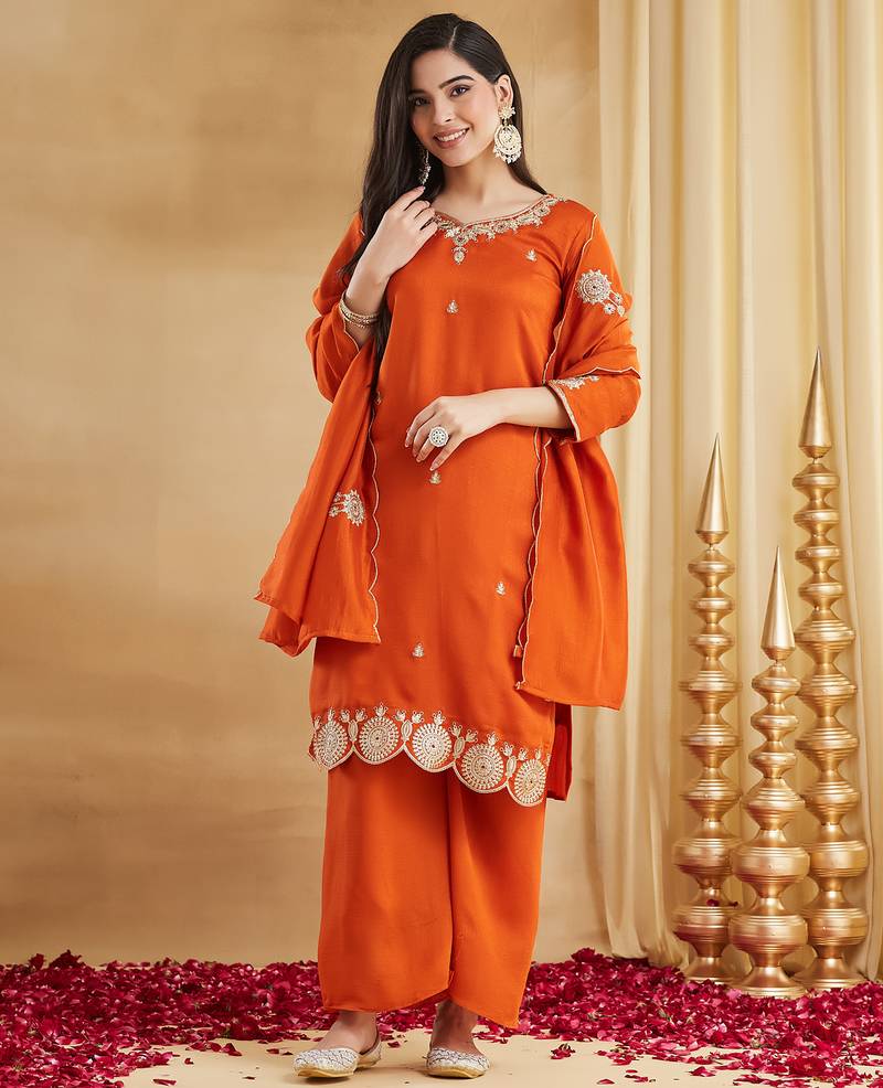 Women's Beautiful Embroidery Work Vichitra Silk Fabric Straight Kurta Palazzo and Dupatta Set