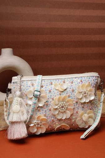   petal posh ivory 3d flower embellished cotton sling bag