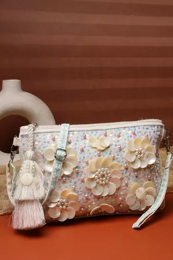   petal posh ivory 3d flower embellished cotton sling bag