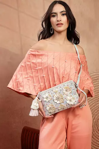  petal posh ivory 3d flower embellished cotton sling bag