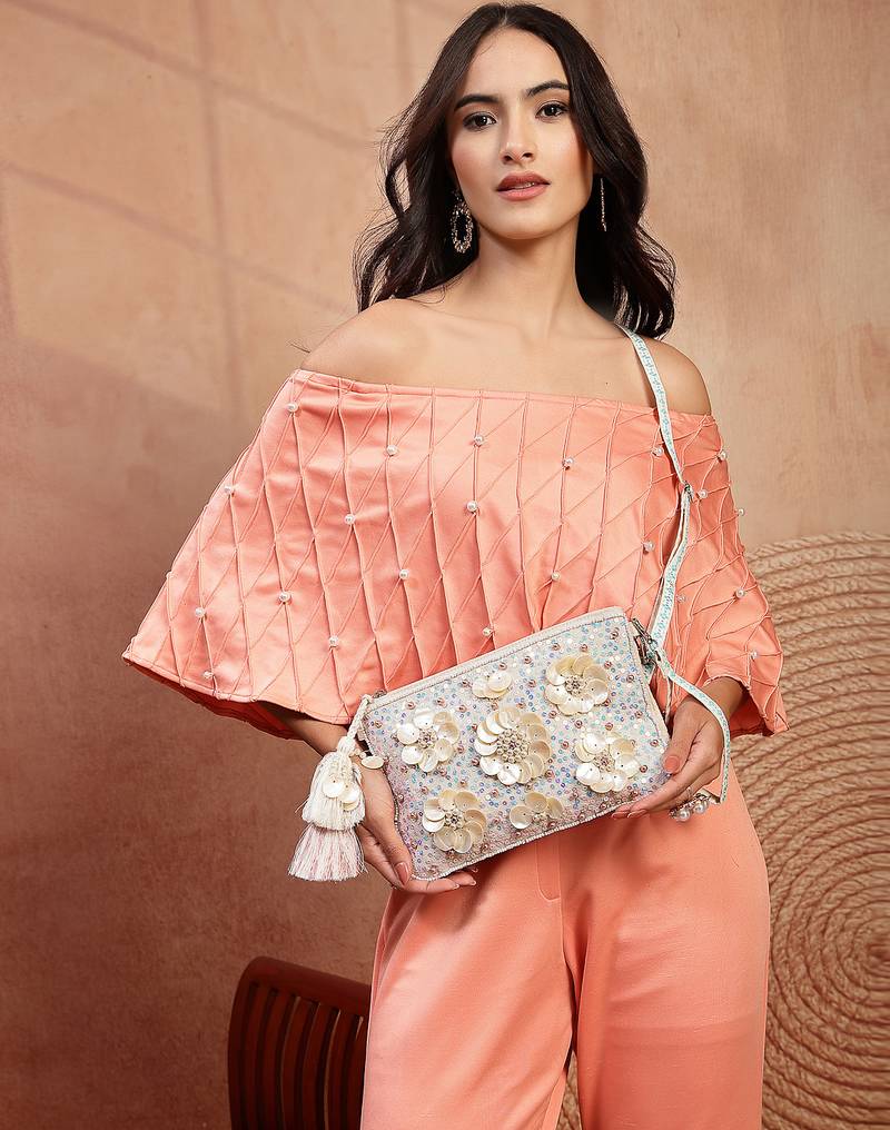   petal posh ivory 3d flower embellished cotton sling bag