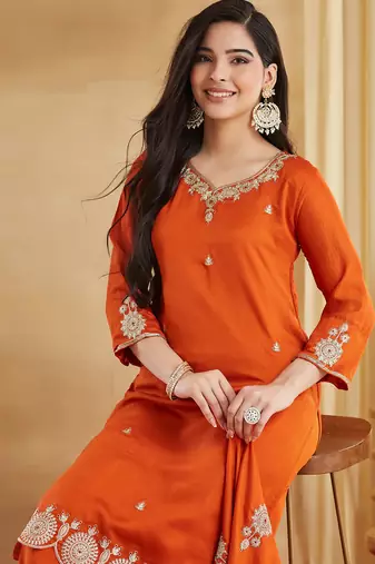 Women's Beautiful Embroidery Work Vichitra Silk Fabric Straight Kurta Palazzo and Dupatta Set