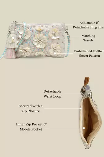   petal posh ivory 3d flower embellished cotton sling bag