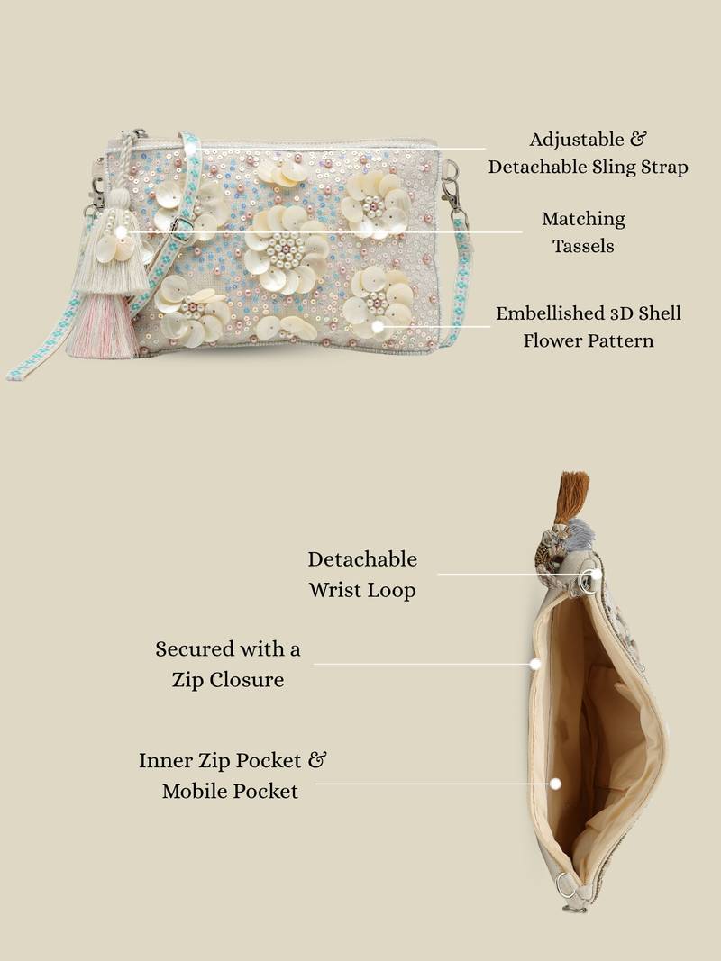   petal posh ivory 3d flower embellished cotton sling bag