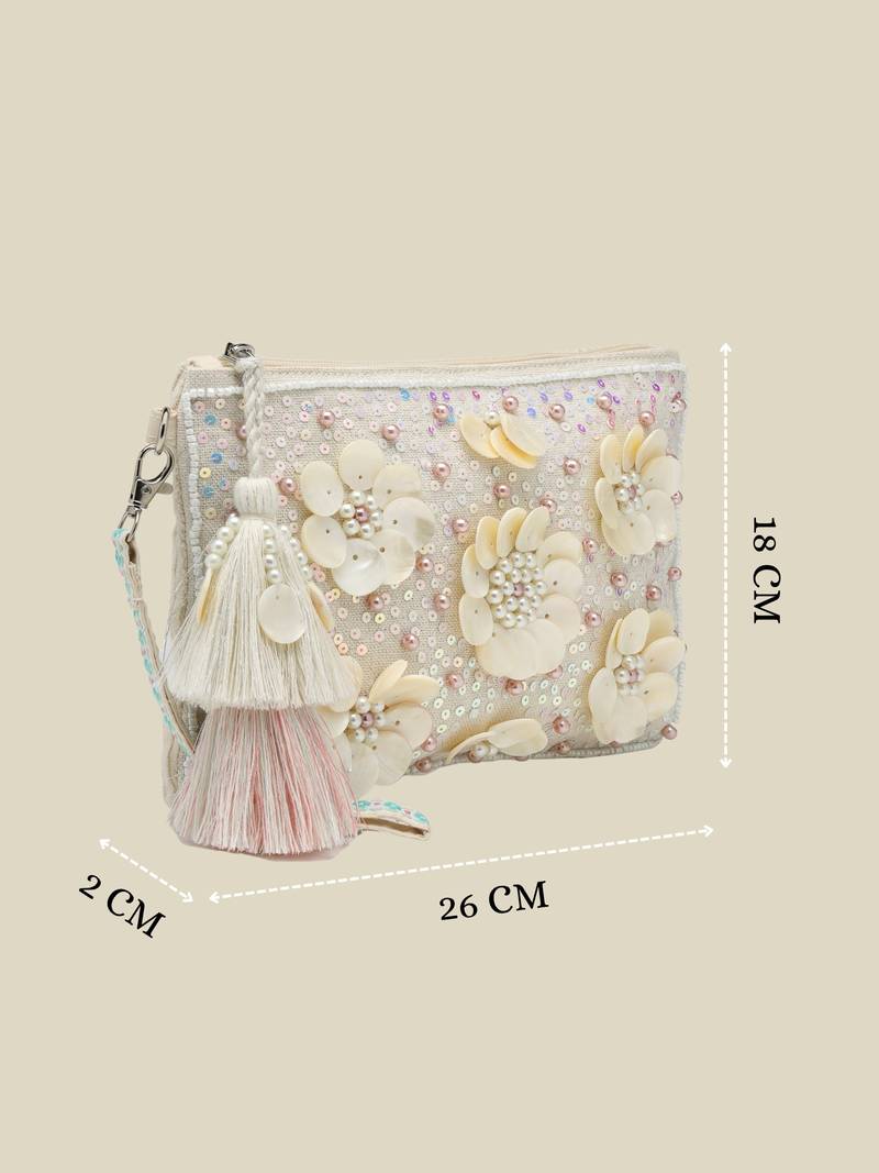   petal posh ivory 3d flower embellished cotton sling bag