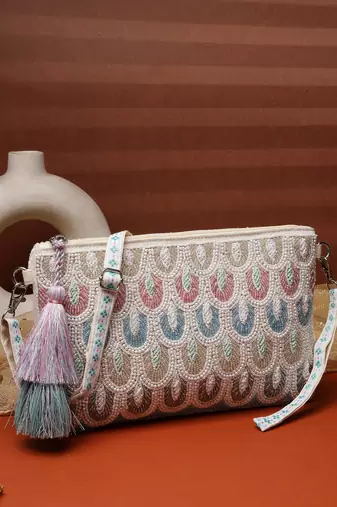   tribal sutra off white & pastel scallop beaded cotton sling bag