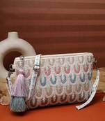   tribal sutra off white & pastel scallop beaded cotton sling bag