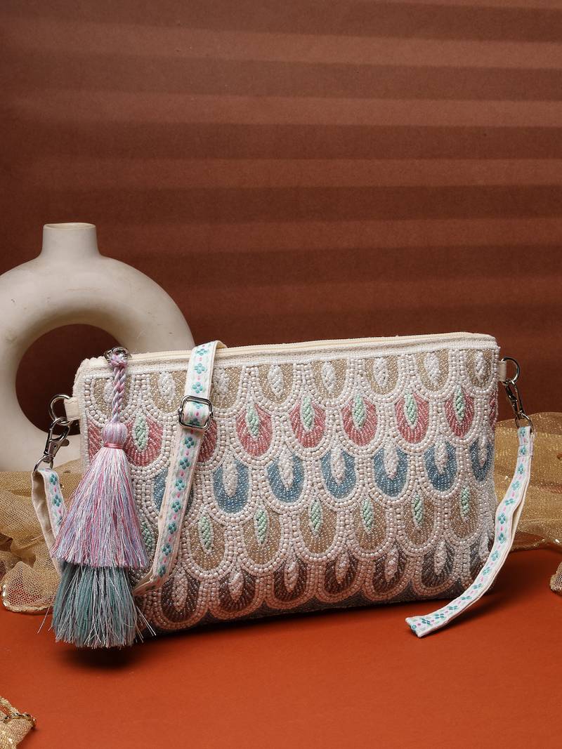   tribal sutra off white & pastel scallop beaded cotton sling bag