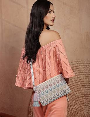  tribal sutra off white & pastel scallop beaded cotton sling bag 2