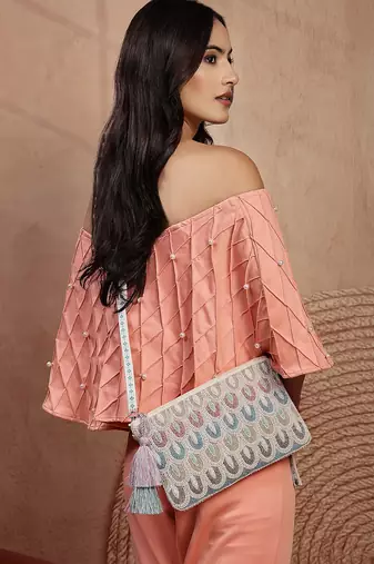  tribal sutra off white & pastel scallop beaded cotton sling bag