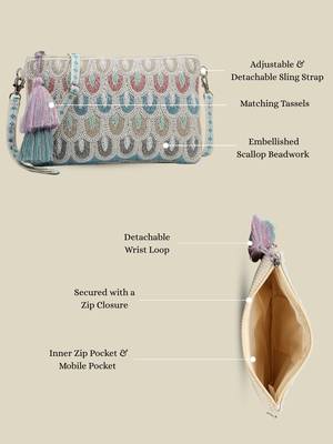  tribal sutra off white & pastel scallop beaded cotton sling bag 3