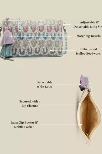   tribal sutra off white & pastel scallop beaded cotton sling bag