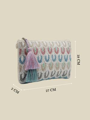  tribal sutra off white & pastel scallop beaded cotton sling bag 4