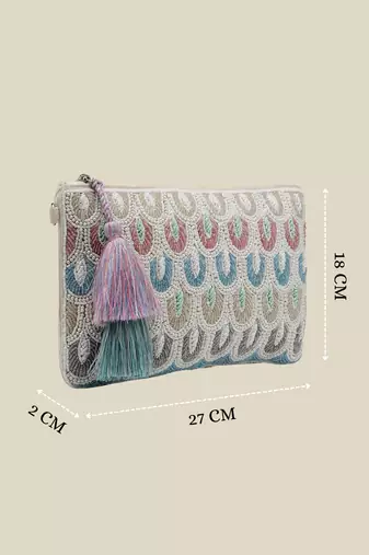   tribal sutra off white & pastel scallop beaded cotton sling bag