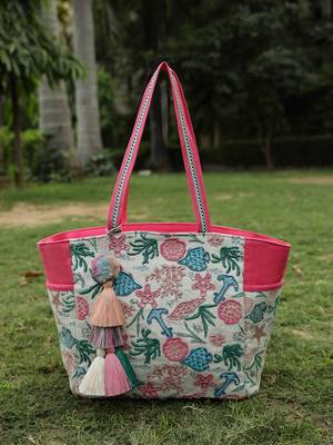   beaded muse off white & pink marine embroidered jacquard tote bag 1