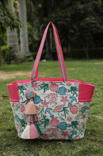   beaded muse off white & pink marine embroidered jacquard tote bag