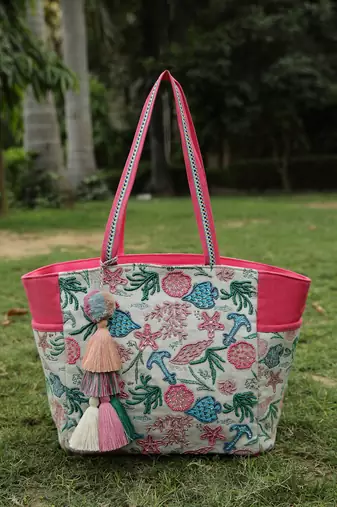   beaded muse off white & pink marine embroidered jacquard tote bag