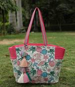   beaded muse off white & pink marine embroidered jacquard tote bag
