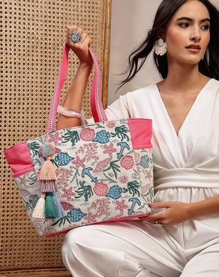   beaded muse off white & pink marine embroidered jacquard tote bag 2