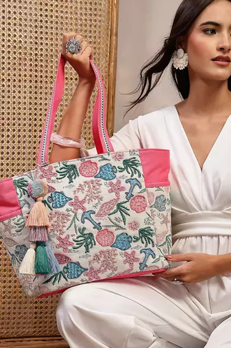   beaded muse off white & pink marine embroidered jacquard tote bag