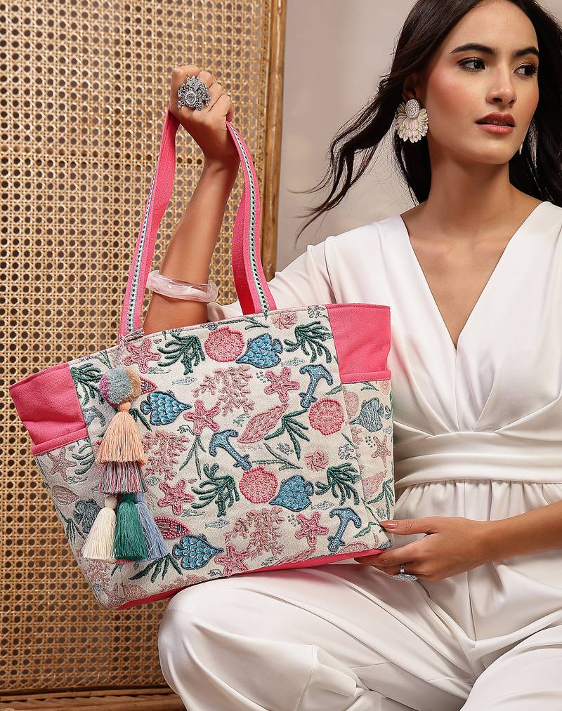   beaded muse off white & pink marine embroidered jacquard tote bag