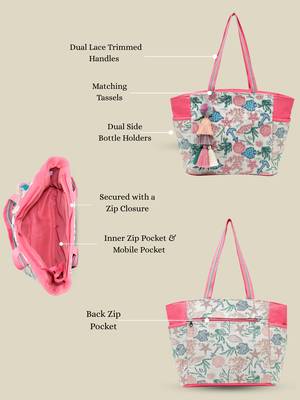   beaded muse off white & pink marine embroidered jacquard tote bag 3