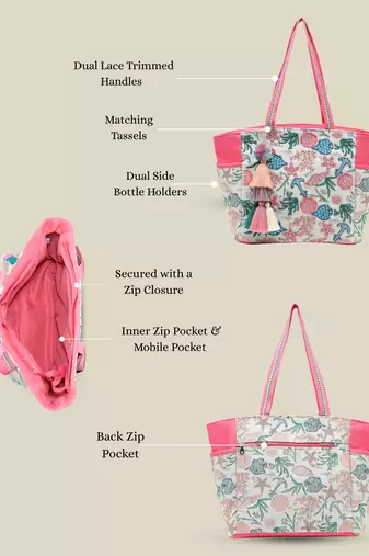   beaded muse off white & pink marine embroidered jacquard tote bag