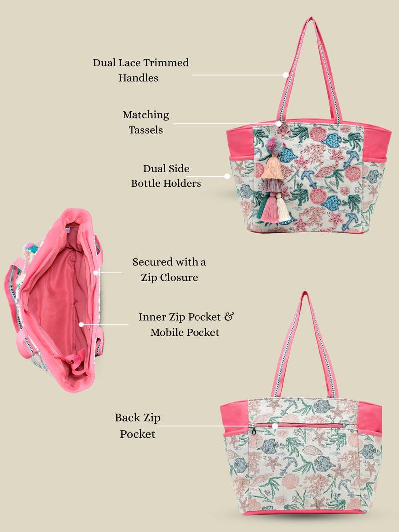   beaded muse off white & pink marine embroidered jacquard tote bag