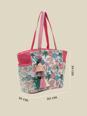   beaded muse off white & pink marine embroidered jacquard tote bag 4