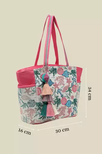   beaded muse off white & pink marine embroidered jacquard tote bag