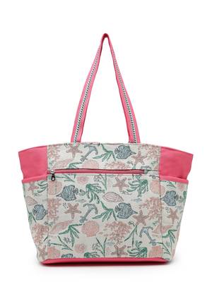   beaded muse off white & pink marine embroidered jacquard tote bag 5
