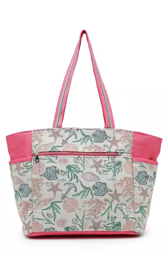   beaded muse off white & pink marine embroidered jacquard tote bag