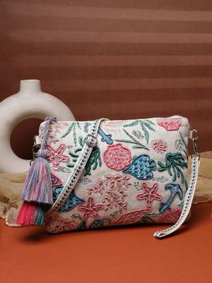   beaded muse off white & multi marine embroidered jacquard sling bag 1