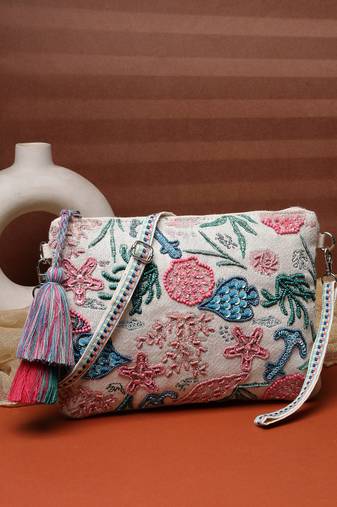   beaded muse off white & multi marine embroidered jacquard sling bag