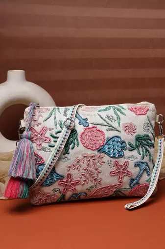   beaded muse off white & multi marine embroidered jacquard sling bag