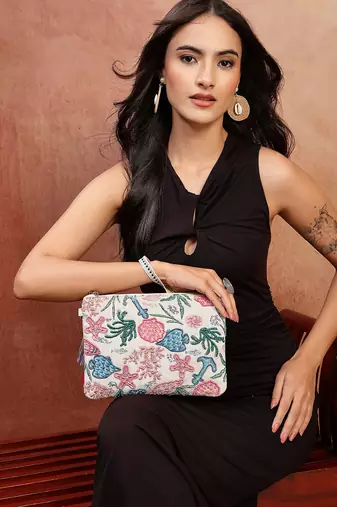   beaded muse off white & multi marine embroidered jacquard sling bag