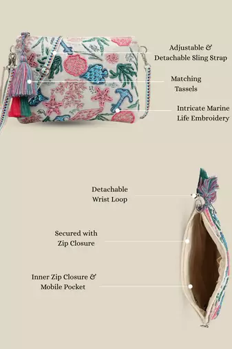   beaded muse off white & multi marine embroidered jacquard sling bag