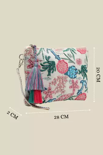   beaded muse off white & multi marine embroidered jacquard sling bag