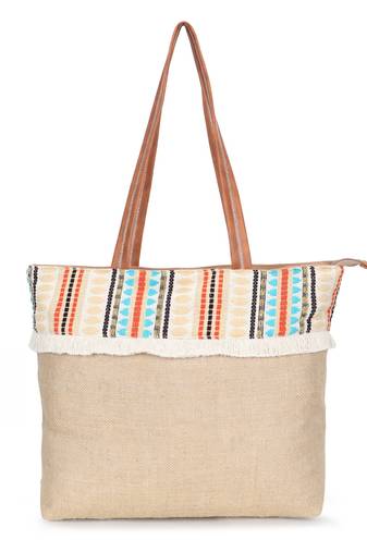   folk khaki & multi striped jute tote bag