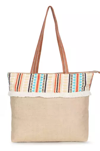   folk khaki & multi striped jute tote bag