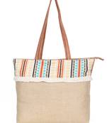   folk khaki & multi striped jute tote bag