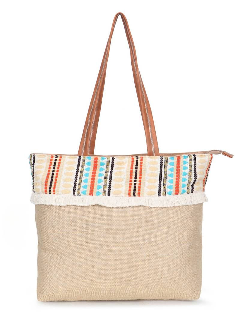   folk khaki & multi striped jute tote bag