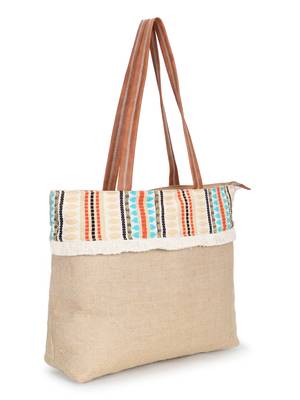   folk khaki & multi striped jute tote bag 2