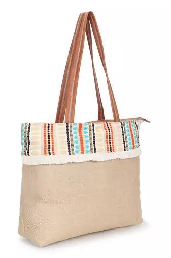   folk khaki & multi striped jute tote bag